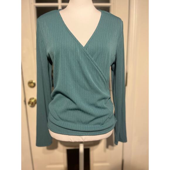 Nine West Faux Wrap Top L Turquoise Long Sleeve Business Casual colorful basic - Picture 2 of 7